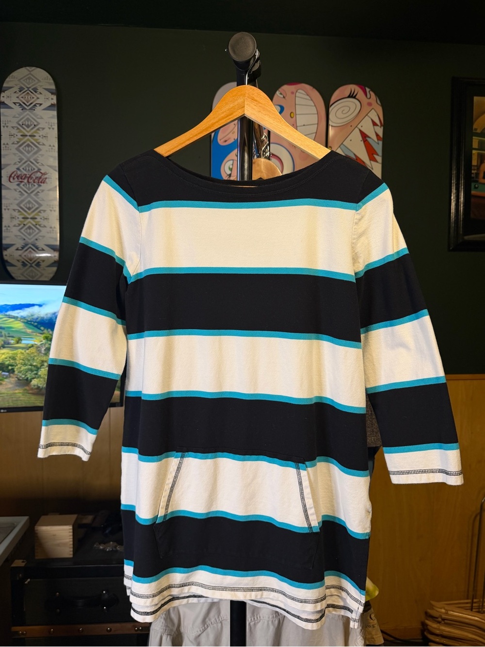 Liz Claiborne Black, White & Teal Striped Scoop-Neck Hoodie Pocket Boat Sweater